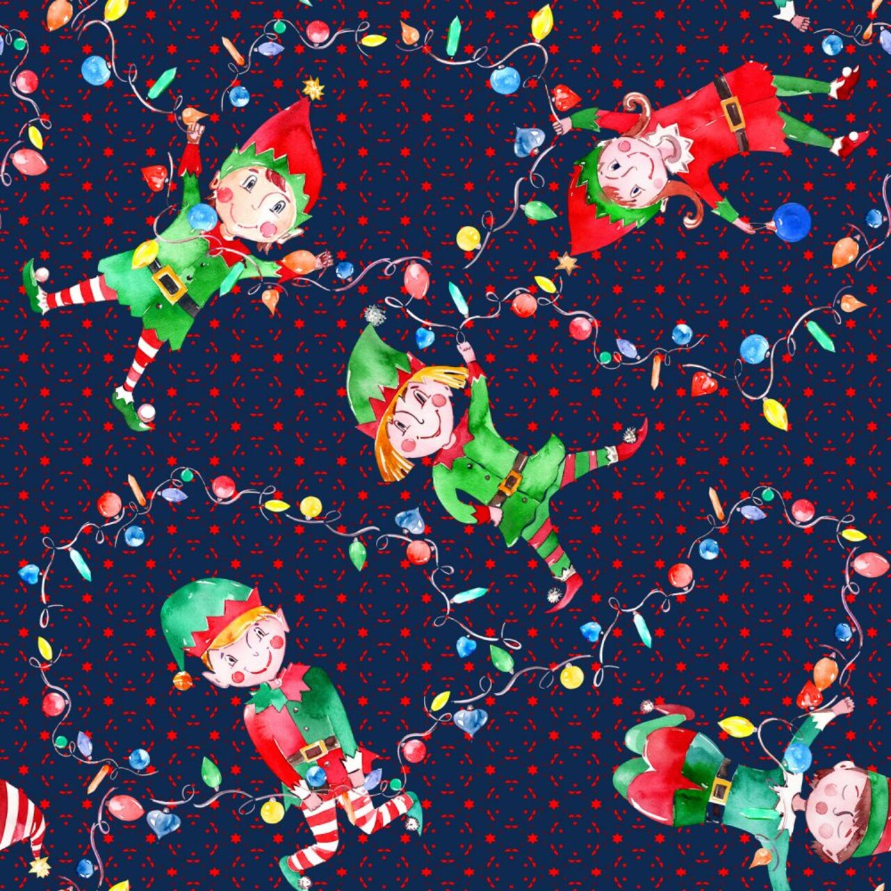 Christmas Dancing Elves Stringing Lights on Navy Blue 100% Cotton Fabric
